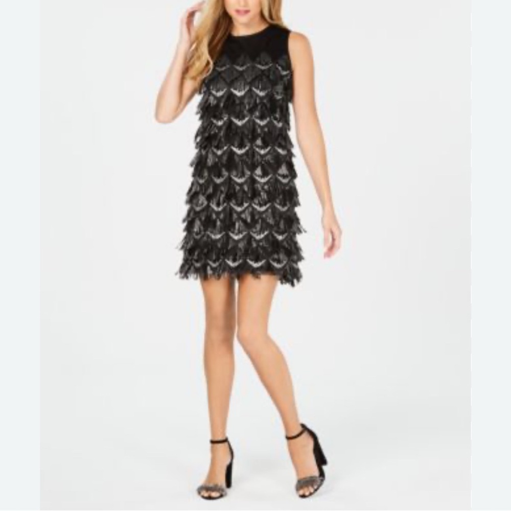 Julia Jordan Sequin Sleeveless Fringe Sheath Evening Dress Size 16 NWT